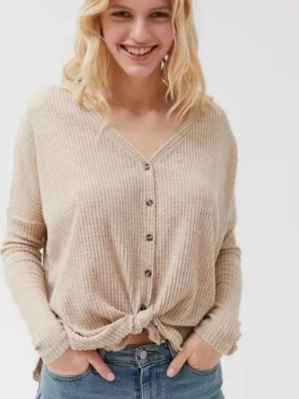 Urban Outfitters Beige V-Neck Button-Front Tie Sweater size XS